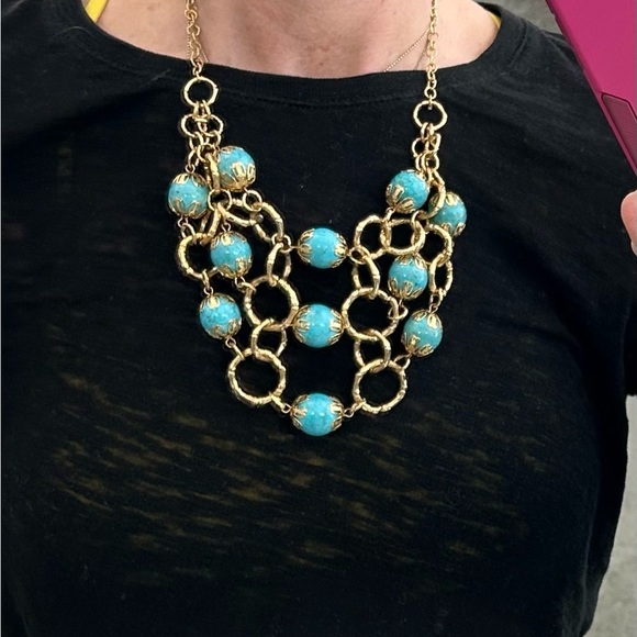 Goldtone costume turquoise statement necklace - Picture 5 of 7